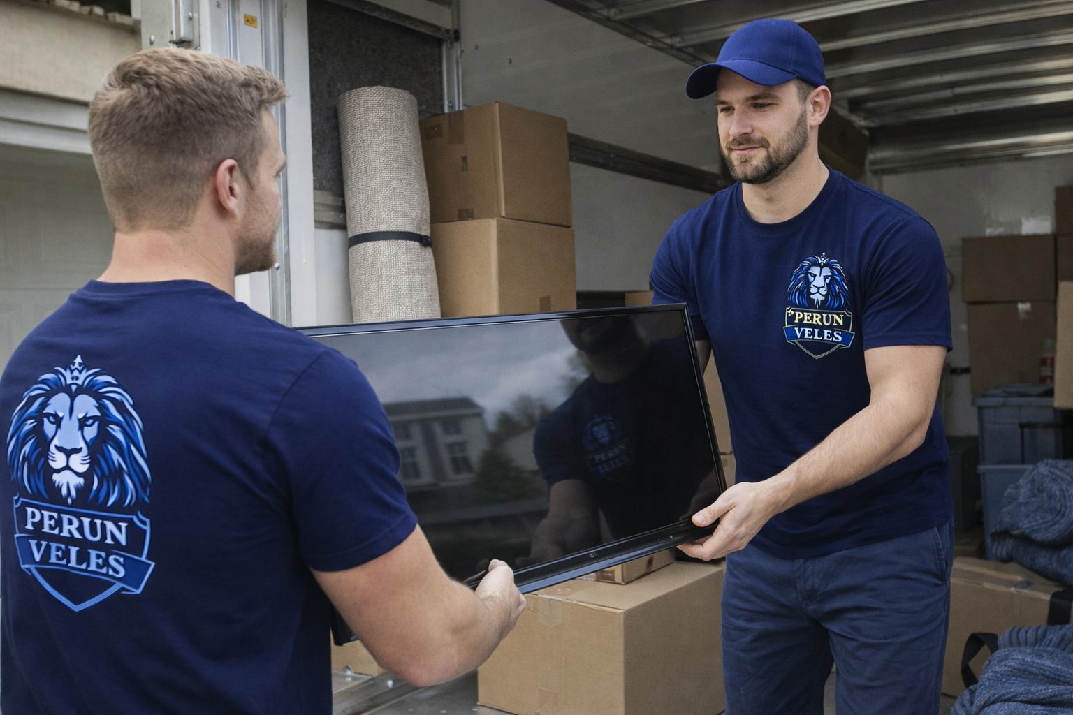 Professional mover carrying sealed moving boxes